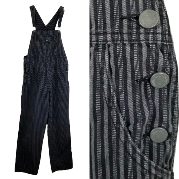 NY Jeans Denim - NY Jeans Striped Train Conductor Overalls Cotton Buckle Back Wide Leg Stitched L